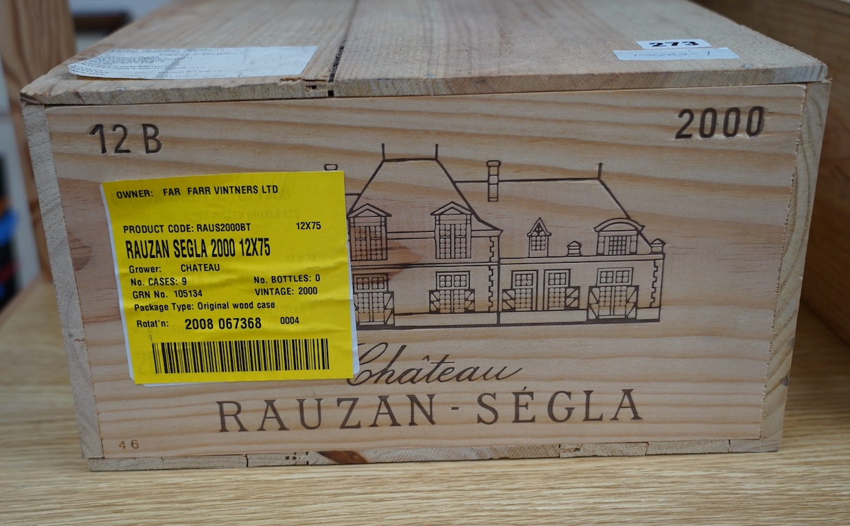 A sealed case of twelve bottles of Chateau Rauzan Segla 2000. Condition - good